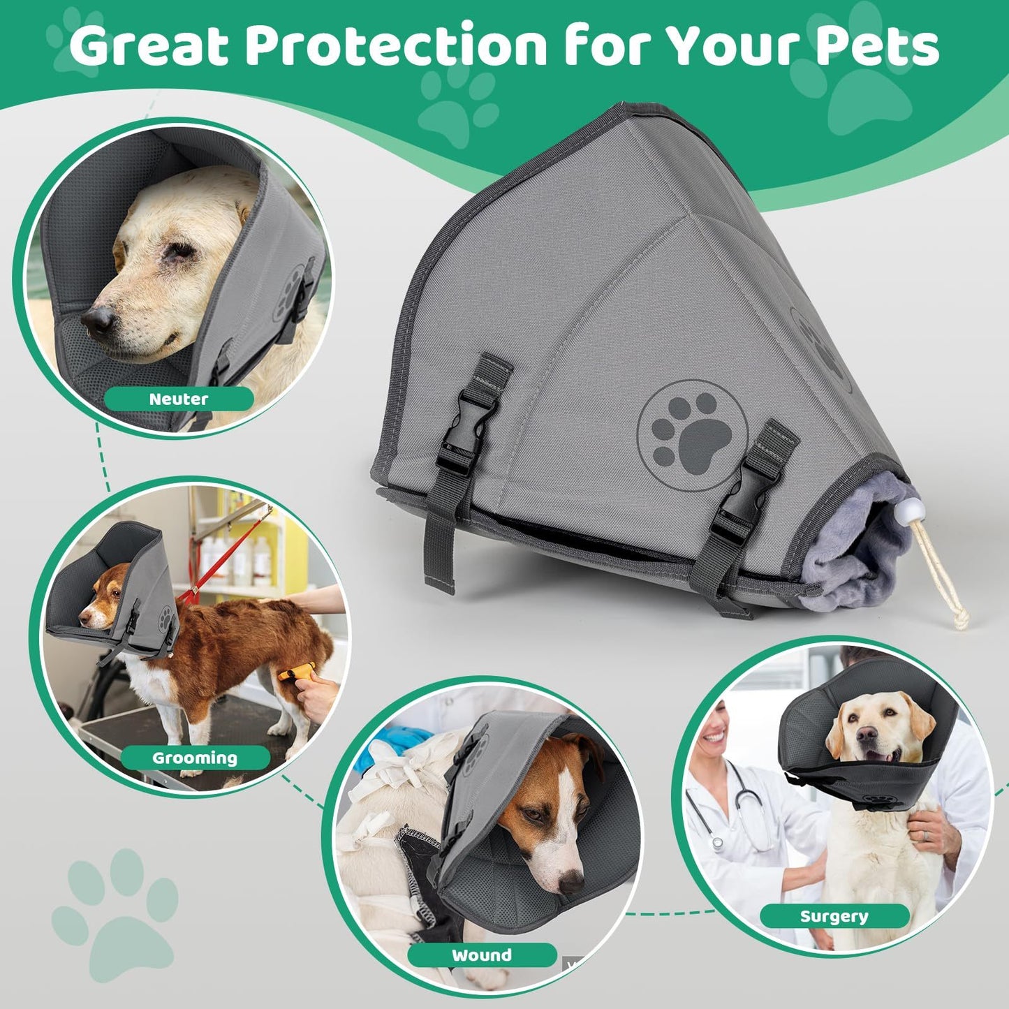LARGE Dog Cone For After Surgery, Breathable Soft Dog Cone For Large Medium Small Size Dog, Adjustable Drawstring And Buckle
